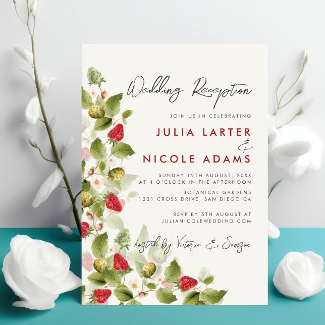 Sweet Wildflowers Strawberry Wedding Reception Invitation (Creator Uploaded)