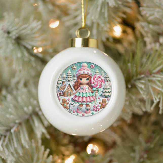Sweet Winter Christmas  Festive Girl Candy  Ceramic Ball Christmas Ornament (Tree)