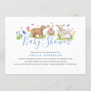 Sweet Woodland Animal Blue Baby Shower Invitation