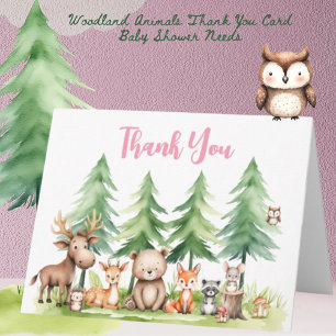 Sweet Woodland Animals Baby Shower Pink Thank You Card