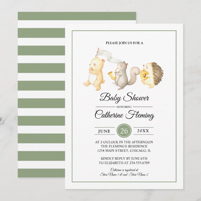 Sweet Woodland Animals Light Green Baby Shower  Invitation (Front/Back)