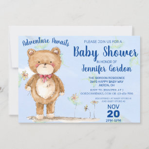 Sweet Woodland Bear Blue Boy Baby Shower Invitation