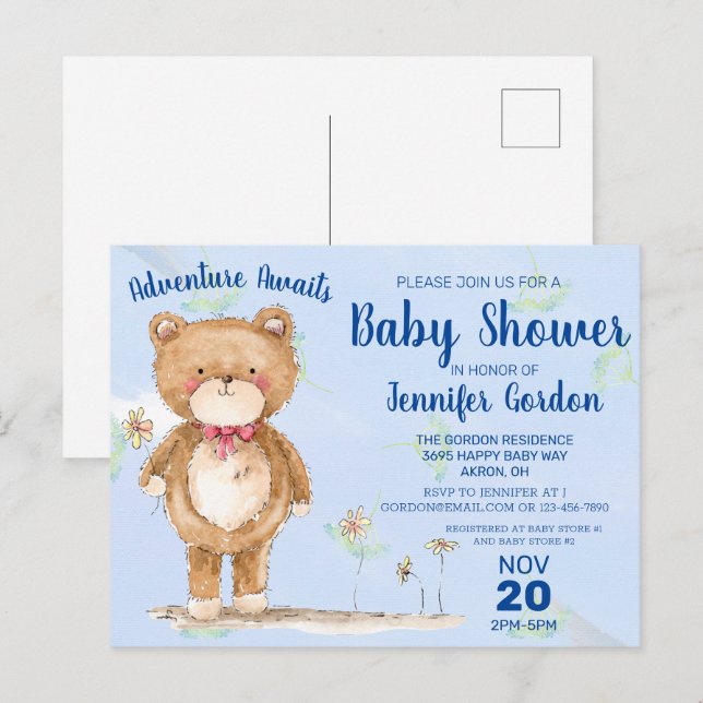 Sweet Woodland Bear Blue Boy Baby Shower Invitation Postcard (Front/Back)