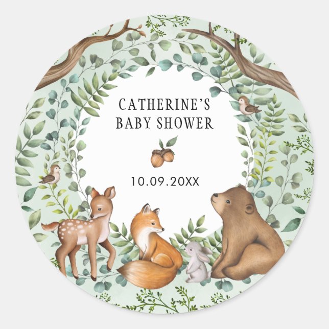 Sweet Woodland Forest Animals Baby Shower Birthday Classic Round Sticker (Front)