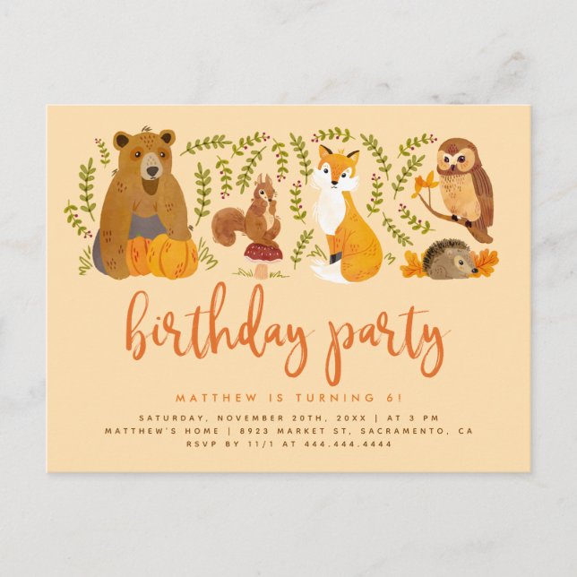 Sweet Woodland Forest Animals Pumpkin Birthday Invitation Postcard (Front)