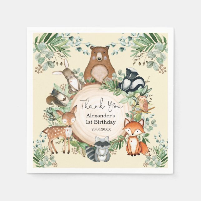 Sweet Woodland Forest Friends Birthday Party Napkin (Front)
