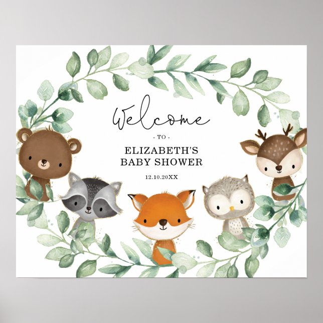 Sweet Woodland Forest Greenery Wreath Baby Welcome Poster (Front)