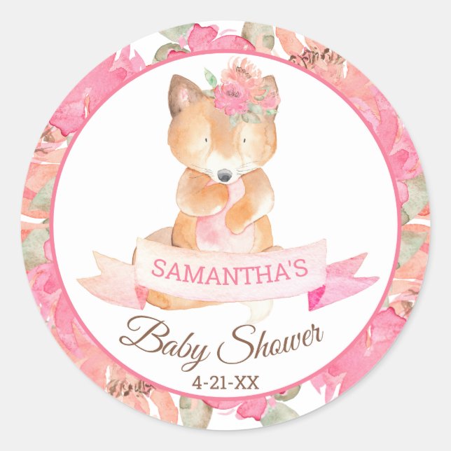Sweet Woodland Fox Boho Floral Baby Shower Classic Round Sticker (Front)