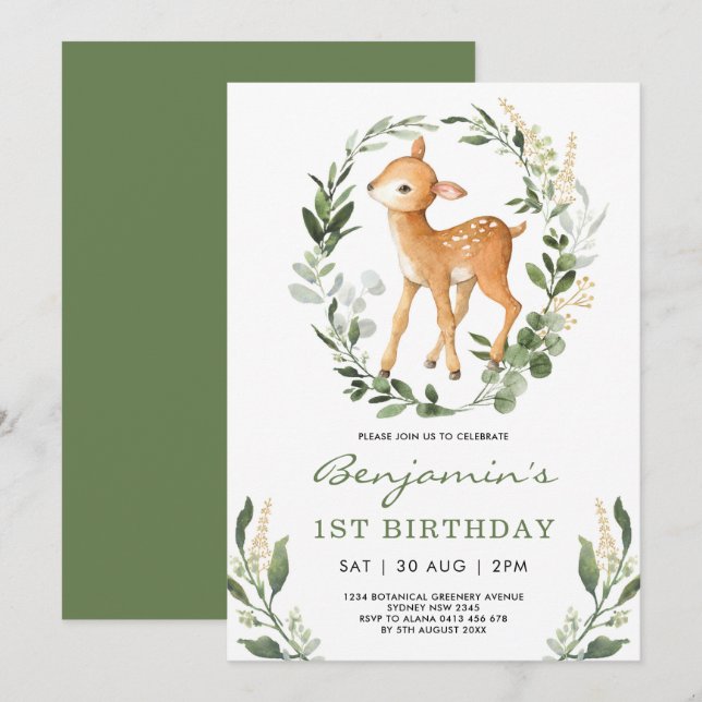 Sweet Woodland Greenery Forest Baby Deer Birthday Invitation (Front/Back)