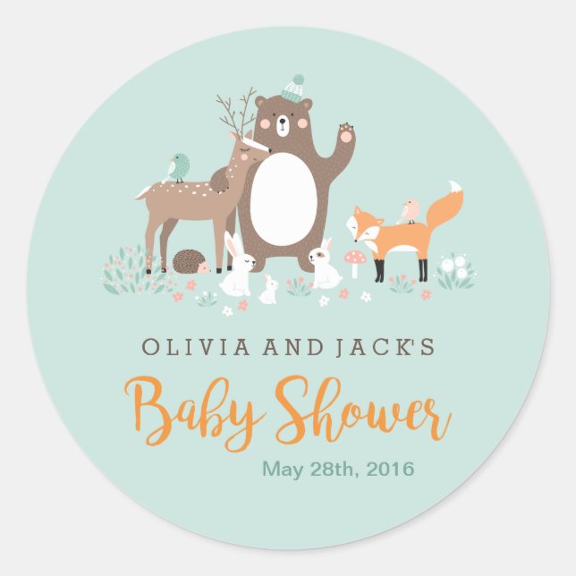 Sweet woodland Mint and Orange Baby Shower Sticker (Front)