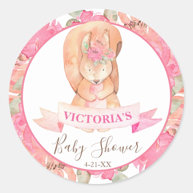 Sweet Woodland Squirrel Boho Floral Baby Shower  Classic Round Sticker (Front)