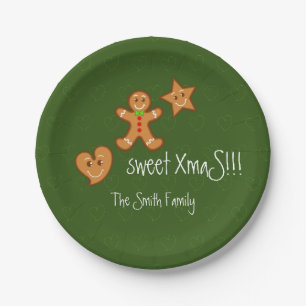 sweet XmaS gingerbread pals Custom Text on Green Paper Plate