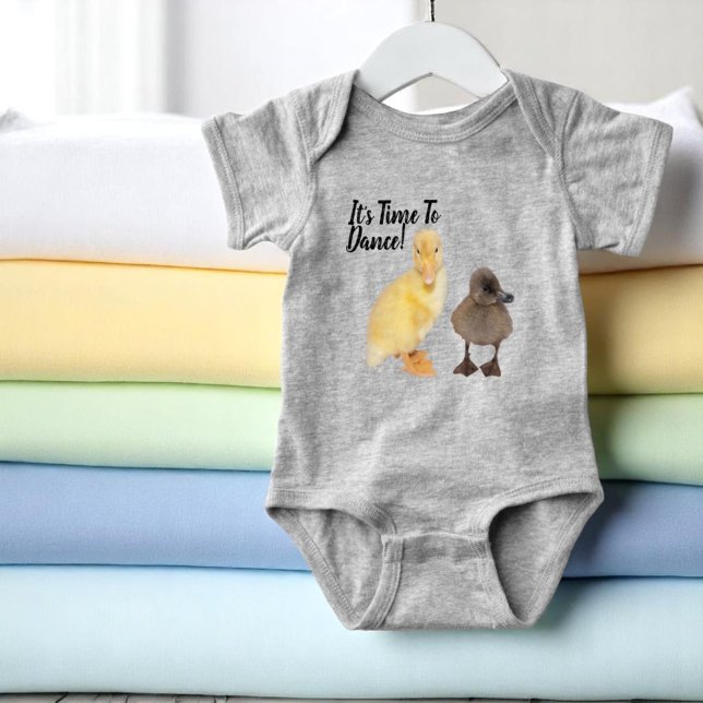 Sweet Yellow and Grey Ducklings Photo Personalised Baby Bodysuit (front baby body suit with template text)