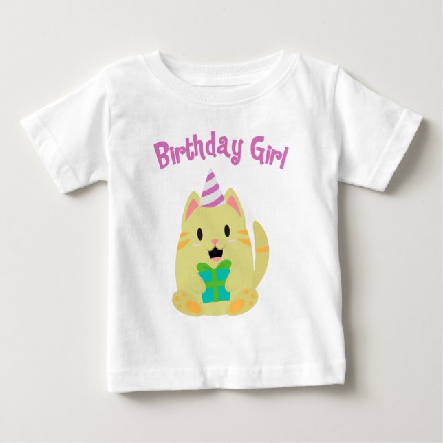 Sweet Yellow Cat Birthday Girl Baby T-Shirt (Front)