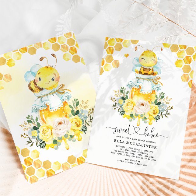 Sweet Yellow Gold Honey Bee Floral Baby Shower Invitation (Creator Uploaded)