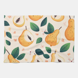 Sweet Yellow Pears and Green Leaves Fruit Pattern Tea Towel
