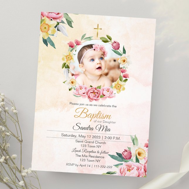 Sweet Yellow Pink Floral Baptism Invitation (Sweet Yellow-pink floral Baptism Invitation)