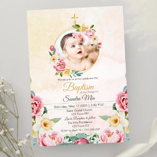 Sweet Yellow Pink Flower Garden Baptism Invitation