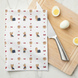 Sweet Yorkies Bows Hearts White Tea Towel