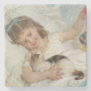 Sweet Young Girl Playing With Her Pet Cat (Munier) Stone Coaster