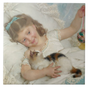 Sweet Young Girl Playing With Her Pet Cat (Munier) Tile