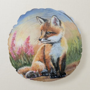 Sweet young red fox kit Round throw pillows