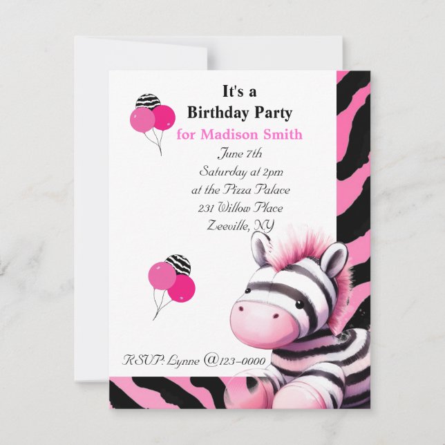 Sweet Zebra Birthday Invitation (Front)