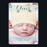 Sweetest Dream Two Photo Modern Birth Announcement<br><div class="desc">Thoroughly modern and simply elegant, this design is a perfect way to introduce your sweet little boy. Features lovely cursive typography, soft translucent blue bands of colour and two large photos of your baby - one on the front and one on the back. The front also holds baby's birth information,...</div>