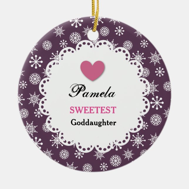 Sweetest Goddaughter Purple White Snowflakes S17Z Ceramic Tree Decoration (Front)