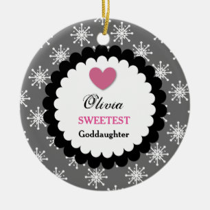 Sweetest Goddaughter Silver White Snowflakes S18Z Ceramic Tree Decoration