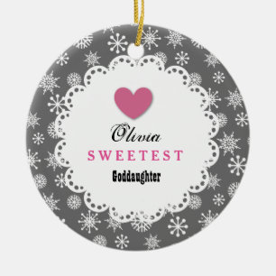 Sweetest Goddaughter Silver White Snowflakes S18Z Ceramic Tree Decoration