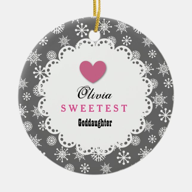 Sweetest Goddaughter Silver White Snowflakes S18Z Ceramic Tree Decoration (Front)