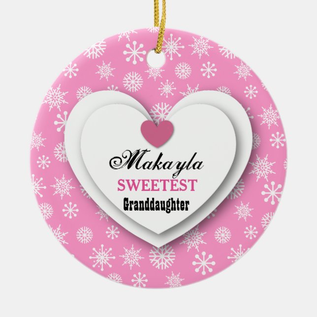 Sweetest Granddaughter Pink White Snowflakes C11 Ceramic Tree Decoration (Front)