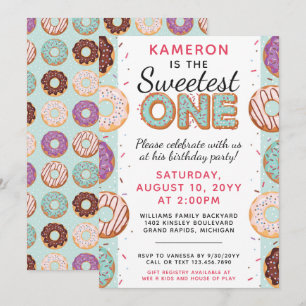 SWEETEST ONE Blue Iced Doughnuts Baby First Birthd Invitation