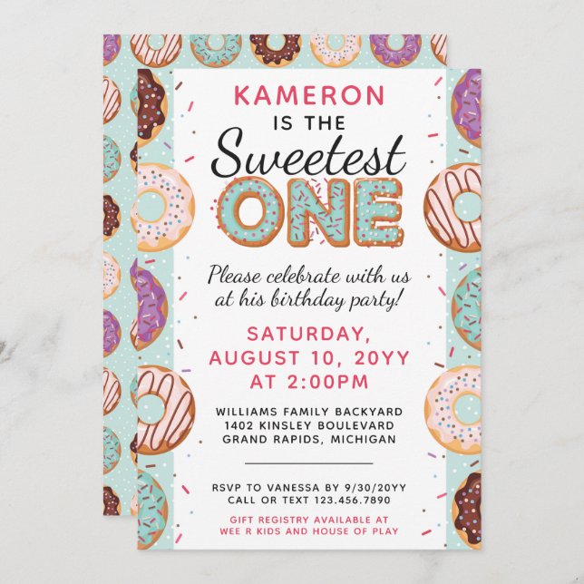 SWEETEST ONE Blue Iced Doughnuts Baby First Birthd Invitation (Front/Back)
