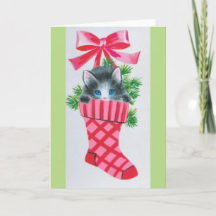 Sweetest Vintage Christmas Kitten in a Stocking Holiday Card