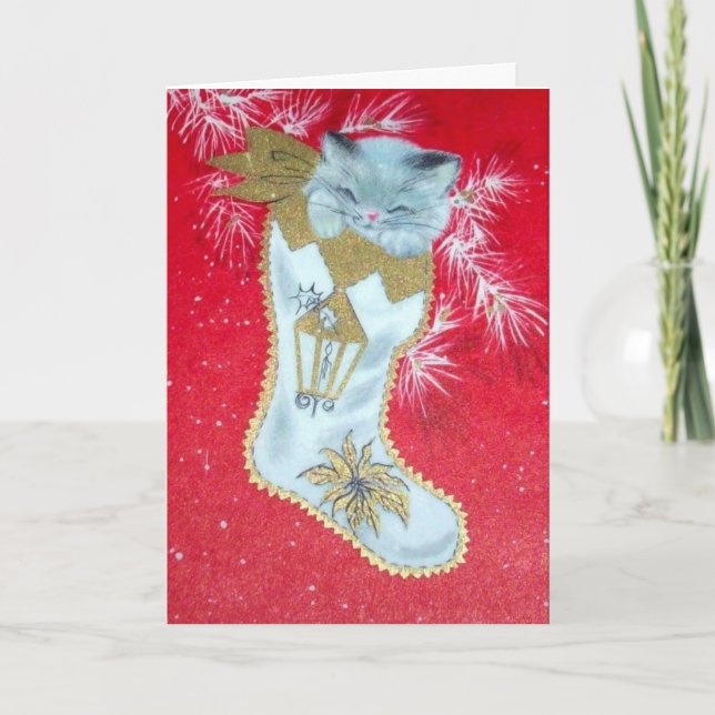Sweetest Vintage Mid Century Christmas Kitten Holiday Card (Front)