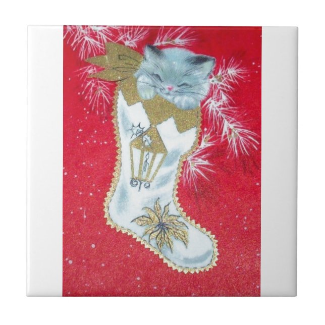 Sweetest Vintage Mid Century Christmas Kitten Tile (Front)
