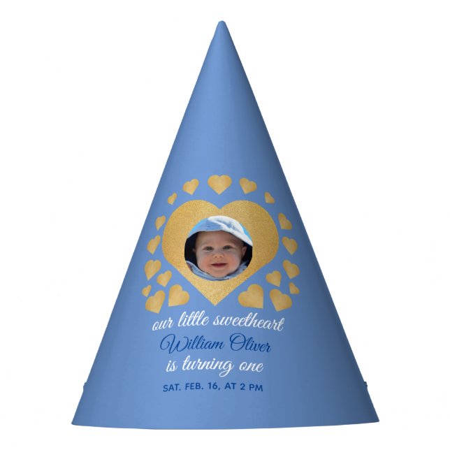 Sweetheart 1st Birthday Blue Boy Photo Gold Heart Party Hat (Front)