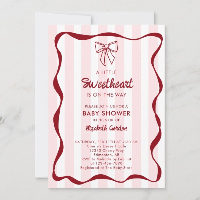 Sweetheart Baby Shower Pink Bow Stripes Coquette Invitation (Front)