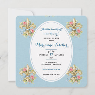 Sweetheart blue Fleur de Lys Baby Shower invite