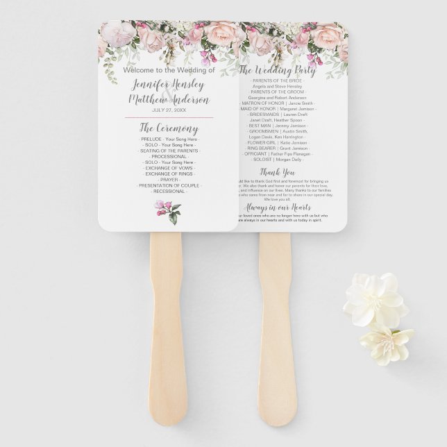 Sweetheart Blush Pink Roses Greenery Wedding Hand Fan (Front and Back)