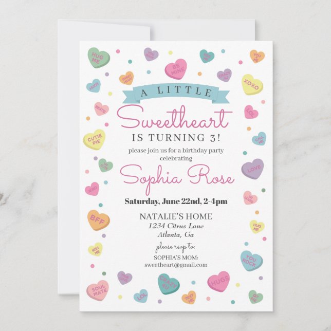 Sweetheart Candy February Birthday Party for Girl Invitation (Front)