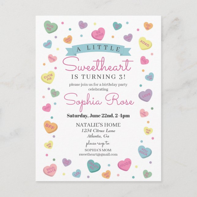 Sweetheart Candy February Birthday Party for Girl Postcard (Front)