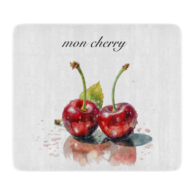 Sweetheart Cherries in Watercolor, custom Cutting Board (Front)
