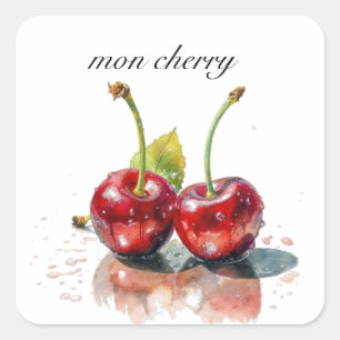 Sweetheart Cherries in Watercolor, custom Square Sticker