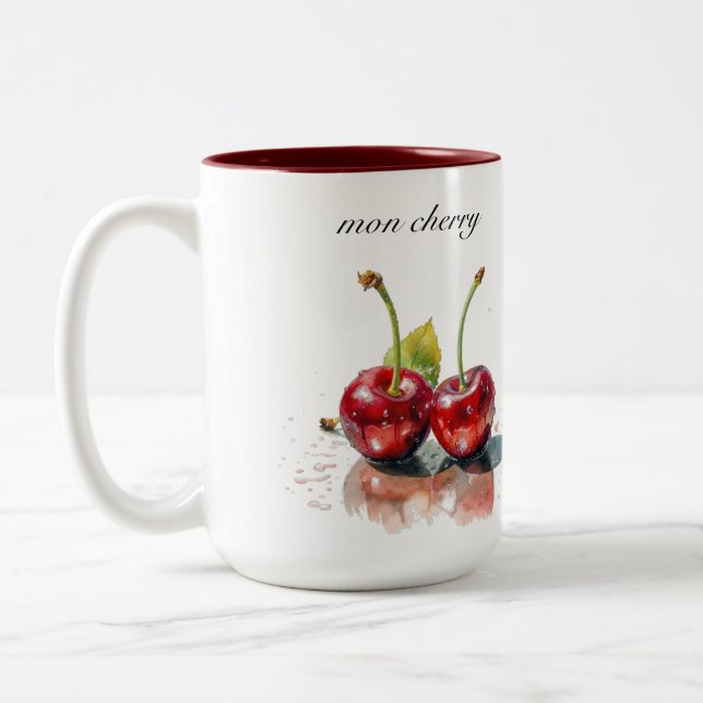Sweetheart Cherries in Watercolor, custom  Two-Tone Coffee Mug (Left)