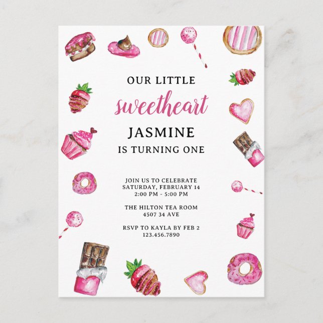 Sweetheart Dessert First Birthday Pink Watercolor  Postcard (Front)