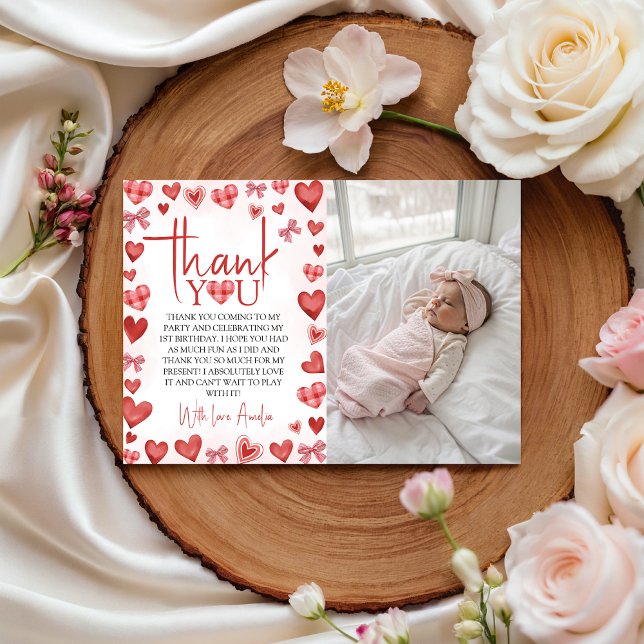 Sweetheart First Birthday Photo Thank You Card (Creator Uploaded)