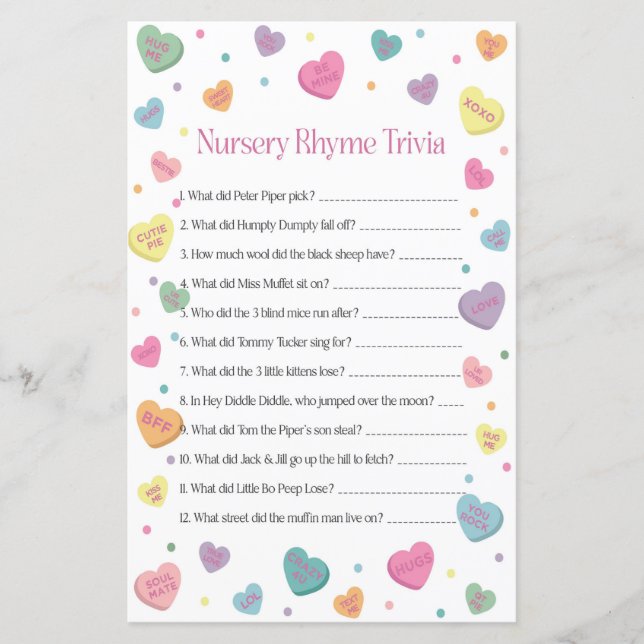 Sweetheart Nursery Rhyme Trivia Baby Shower Game (Front)